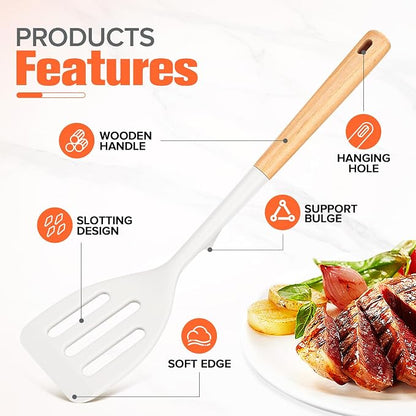 Silicone Cooking Spatula, Heat Resistant Solid Turner, Slotted Spatulas with Wooden Handle,Ideal Wood Kitchen Utensils Set for Frying, Baking, Flipping, Turning,Pack of 2 (White)