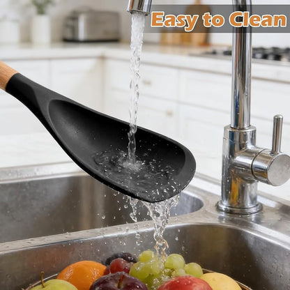 Cooking Spoon Set with Wooden Handle, Heat-Resistant Kitchen Utensils for Stirring, Mixing, Serving, Non-Stick Cookware (BLACK - 1Pack)