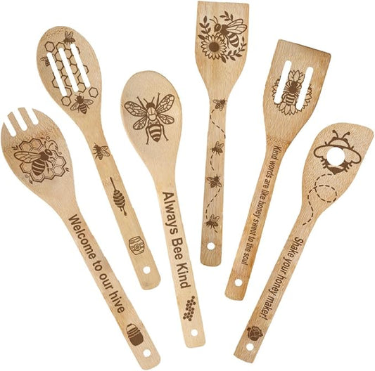 6Pcs 6 Styles Bee Cooking Utensils for Kitchen 11.8 x 2.4 Inch Bamboo Kitchen Spoons Durable Wood Spoons Set for Housewarming Wedding Birthday Gift Farmhouse Apartment Decor Accessories
