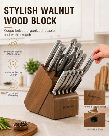 Astercook Knife Set, 15 Piece German Steel Kitchen Knife Set with Built-in Sharpener, One-Piece Knife Block Set Rust-Resistant Dishwasher Safe Block Knives Set for Cooking & Gift (Walnut Brown)