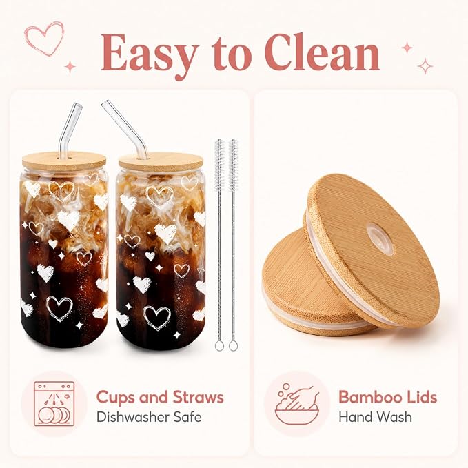 Glass Cups with Lids and Straws, 2 Pack Heart Glass Cups, 16 oz Borosilicate Iced Coffee Cups, Matching Drinkware for Best Friends, Couples, Birthday and Anniversary