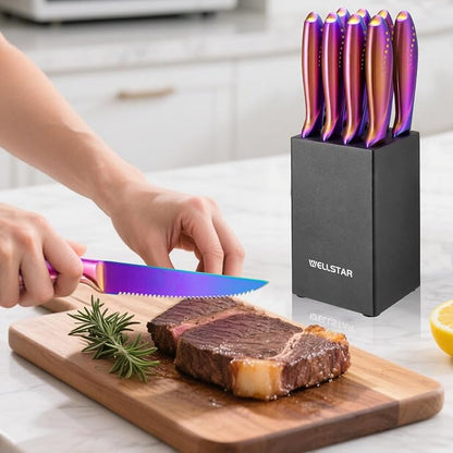 WELLSTAR Steak Knives Set of 8 with Wood Block, 4.75 Inch Rainbow Serrated Steak Knife Set, Razor Sharp German Stainless Steel with Full Tang Handle, Space Saving Steak Knife Set
