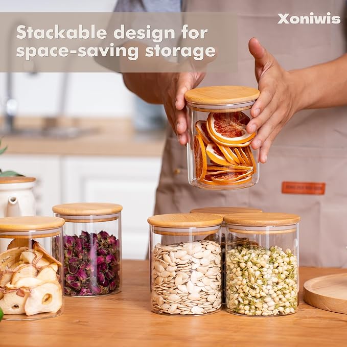 6-Pack 0.8Qt Round Glass Storage Jars with Bamboo Lids | Minimalist Kitchen Organizer,Pantry Storage Container,Food Storage Container,Scandinavian Style Storage,Nordic Style Storage