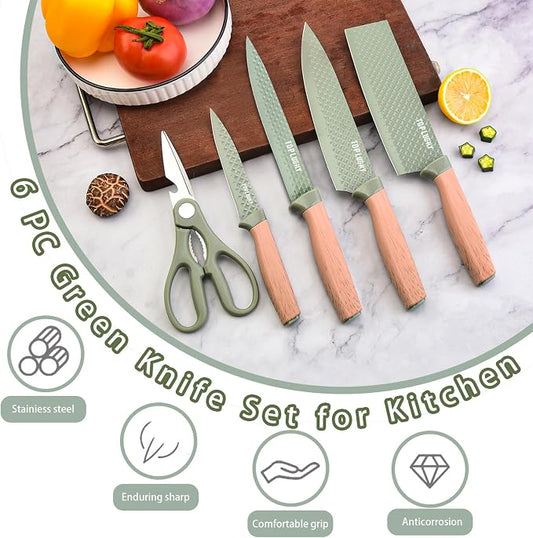 Kitchen Knife Set, Retrosohoo 6 Pieces Green Professional Knife Set with Universal Knife Block, Super Sharp Knife Set with Ergonomic Handle, Non-stick Stainless Steel Knife Block Set(Green)