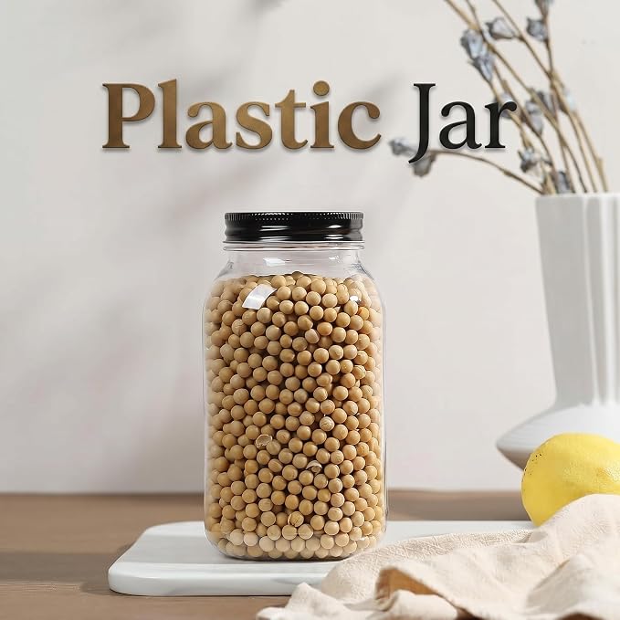 novelinks 32 oz Clear Plastic Jars with Lids, 12 Pack Large Plastic Mason Jars with Lids 32oz, Reusable Quart Containers for Kitchen Organization (12 Pack,Black)