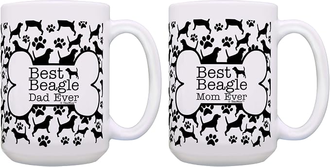 ThisWear Best Beagle Dad and Mom Ever Mug Set Bone and Paw Print Pattern 2 Pack 15-oz Cups 15oz Mugs