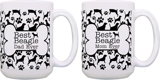ThisWear Best Beagle Dad and Mom Ever Mug Set Bone and Paw Print Pattern 2 Pack 15-oz Cups 15oz Mugs