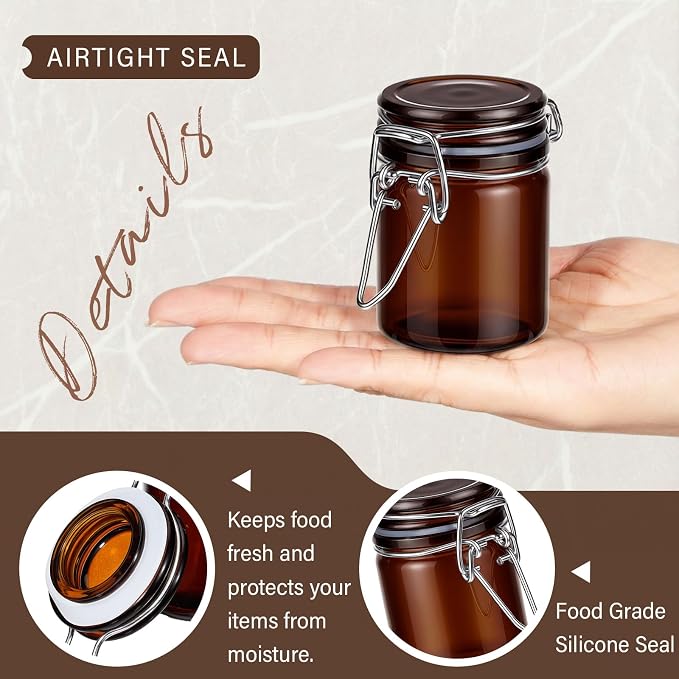 Norme 12 Pack 1.7oz Amber Airtight Mini Glass Jars with Lids, Cylinder Food Storage Container Airtight Food Wire Clip Fastening for Flour Kitchen Sugar Cereal Kitchen Canning Pickling Mason Jars