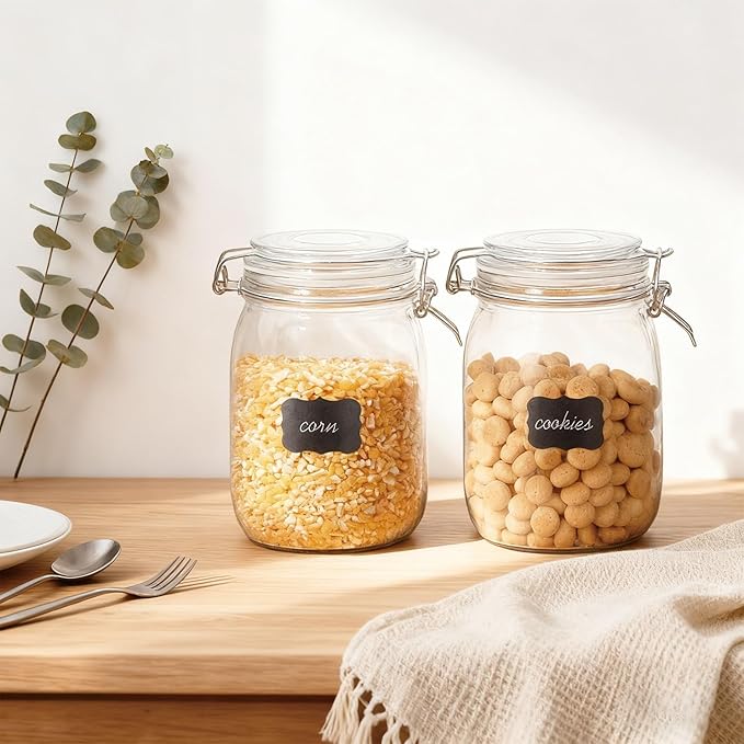 Flrolove Glass Kitchen Storage Canister Mason Jars with Lids,32oz Airtight Glass Canister with Hinged Lid，Perfect for Kitchen Canning Cereal,Pasta,Sugar,Beans (Labels & Chalk Marker)-Set of 4