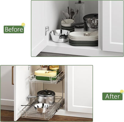 2 Tier Individual Pull Out Cabinet Organizer 11½" W x 21½" D, Heavy Duty Cabinet Pull Out Shelves, Slide Out Drawers Organization for Kitchen Cabinets Bathroom