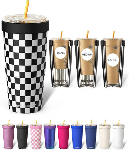 Frost Buddy Togo Buddy 30 oz Stainless Steel Vacuum Insulated Tumbler To Go Coffee Cup - Iced Coffee Sleeve, Travel Mug, Thermal Cup for Hot & Cold Drinks, Dunkin Cup (B&W Checkered)