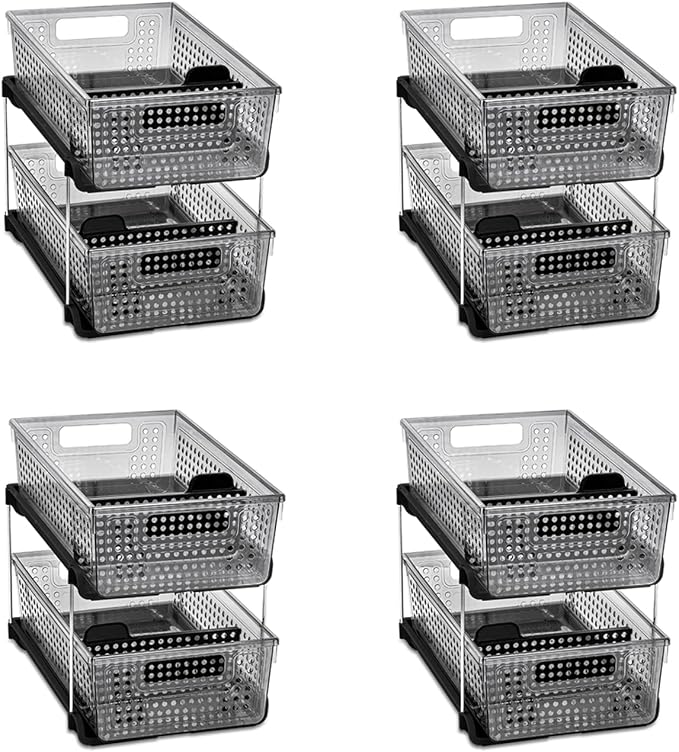 madesmart 2-Tier Organizer Multi-Purpose Slide-Out Storage with Handles and Dividers for Home and Bath, Pack of 4, Carbon