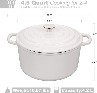 VORRINGARD Enameled Cast Iron Dutch Oven Pot with Lid, for Sourdough Bread Baking, Round Dutch Ovens, 4.5 Quart, White