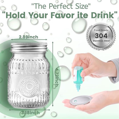 16oz Mason Jars with Airtight Rust-Proof 304 Stainless Steel Lids and Bands, 4 Pack with Elegant Sunflower Embossing, Pint Glass Jars for Meal Prep, Pickling, Overnight Oats, Dry Food & DIY Crafts