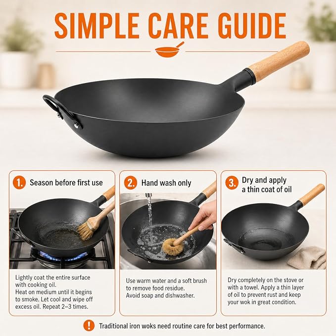 WANGYUANJI 14.2 Inch Round Bottom Carbon Steel Wok, Nitrided Iron Chinese Stir Fry Pan for Gas Wok Burner, Wok Ring Needed for Flat Gas Grates, Wooden Handle