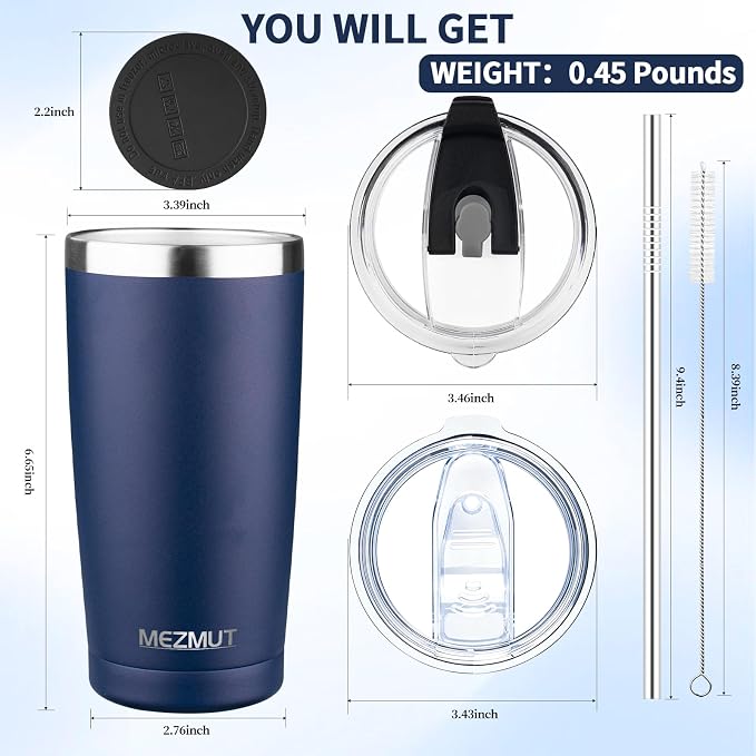 MEZMUT 20oz Tumbler Coffee Travel Mug with Daul Lid and Straw, Stainless Steel Double Wall Vacuum Spill Proof Insulated Tumbler, Hot or Iced Coffee Cups for Drinks (1Pack, Navy Blue)
