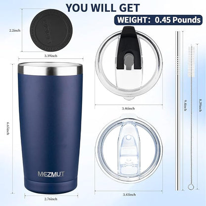 MEZMUT 20oz Tumbler Coffee Travel Mug with Daul Lid and Straw, Stainless Steel Double Wall Vacuum Spill Proof Insulated Tumbler, Hot or Iced Coffee Cups for Drinks (1Pack, Navy Blue)