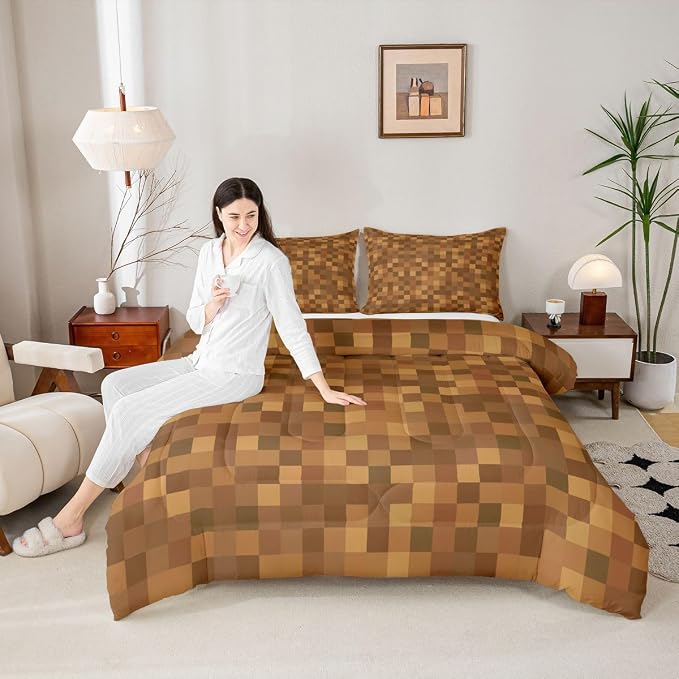 Manfei Pixelated Kids Comforter Set Twin Size,Miners Lattice Games Bedding Set for Teens Adults Bedroom Decor,Abstract Simple Grid Duvet Insert,Brown Quilted Duvet Set with 1 Pillowcase