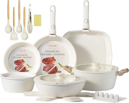 Ceramic Cookware Set Non Stick 23Pcs Pots and Pans Set Non Toxic with Detachable Handle Induction Kitchen Cookware Set Space Saving, Oven & Dishwasher Safe, Cream