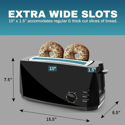 Elite Gourmet ECT4829B# Long Slot 4 Slice Toaster, Reheat 6 Toast Settings, Defrost, Cancel Functions, Built-in Warming Rack, Extra Wide Slots for Bagels Waffles, Black