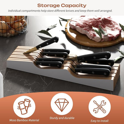 In-Drawer Knife Block Organizer - Bamboo Wood Drawer Knife Organizer-Protecting Knife Organizer Block (Not Included) (White, 9 Knives Dock)