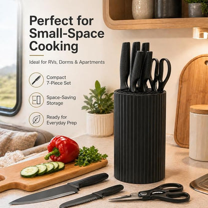 Small Knife Block Set, Modern Kitchen Knife Scissors with Universal Round Holder, Home Apartment New Kitchen Essentials, Space Saving, Dishwasher Safe(Black, 7PCS)