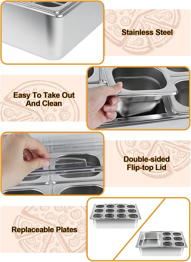 Pizza Topping Station 13 Pans Stainless Steel Spice Organizer Salad Bar Buffet Station with Spoons Ice Boxes Buffet Containers Set for Sauce Jam Ingredient Kitchen Restaurant Pantry