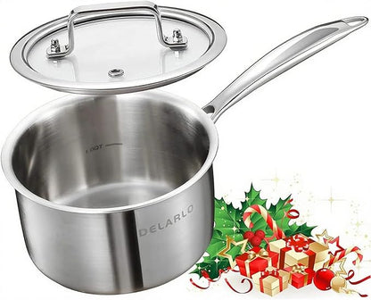 DELARLO Full-body Clad Tri-Ply Stainless Steel Small Brushed Saucepan With Lid, Induction Cooking Sauce Pot Pan, Heavy Duty Saucier Cookware, PFOA&PTFE Free(2 Quart)