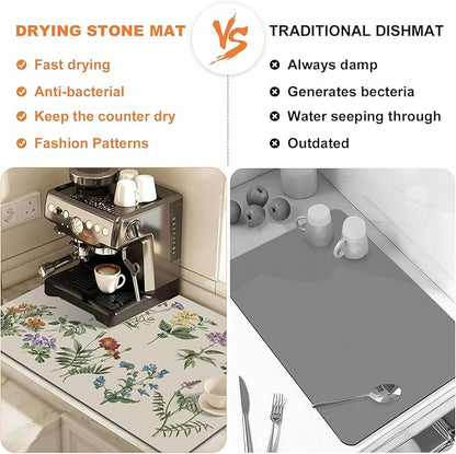 LOKHOM Dish Drying Mat for Kitchen Counter, 18"x24" Absorbent Coffee Bar Mat with Vintage Sage Flower Herbs, Dish Drainer Rack Mats for Kitchen Counter and Dining Room Decoration