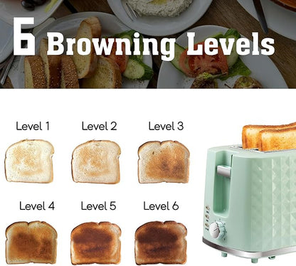 Toaster 2 Slices, Toasters Wide Slot, Bread Toaster with Cancel, Bagel, Defrost Function, Bagel Toasters with Removable Tray & 6 Temperature Settings, Green