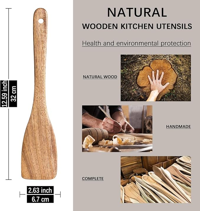 2PCS Wooden Spatulas for Cooking, 13inch Coated Acacia Wood Turners for Frying, Non-Scratch Wood Flat Spurtle for Pan & Wok, Wooden Cooking Utensils for Non Stick Cookware, Long Handle Scraper
