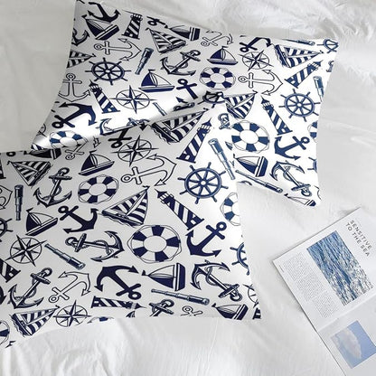 Pamnest Comforter Set King Size, Nautical Anchors Navy Blue 7 Pcs Bedding for Kids and Adults, Retro Sailor Lighthouse Bed Sheet Sets with Fitted Sheet 2 Pillowcase & 2 Sham for Bedroom Bed Decor