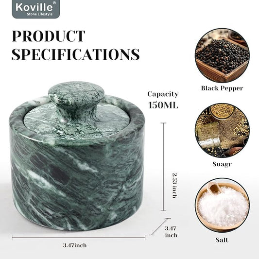 Koville Green Marble Salt Cellar with Lid 3.5", Stone Pepper Container & Spice Jars for Kitchen, Marble Salt and Pepper Holder, Stone Storage Box for Kitchen Counter, Spice Jar (Verde Alpi Green)