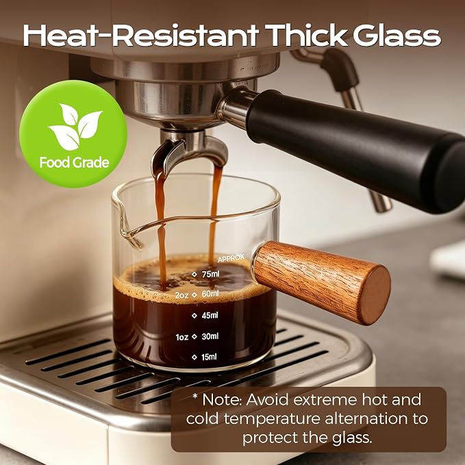 YARRAMATE 2.5 oz/75ML Espresso Shots Cup with Wooden Handle, Clear Glass Demitasse Cup with Dual Scale Markings for Coffee Extraction (1 Pack, Single Spout)