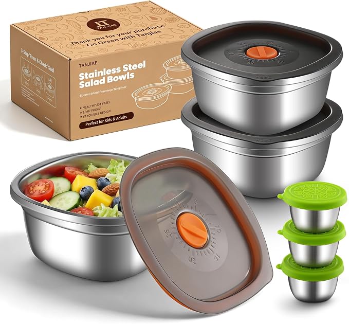 Tanjiae 3-Pack 50 oz Large Stainless Steel Salad Bowl To Go for Lunch, Salad Containers with Airtight Lid & Dressing Cups, Portable Metal Salad Bowls for Lunch, Travel, Meal Prep, Food Storage