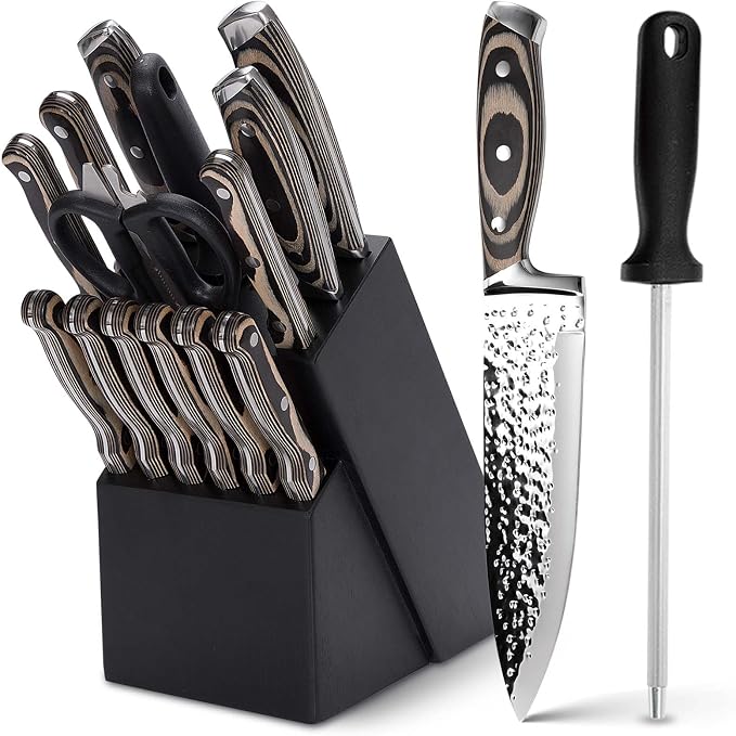 Knife Sets for Kitchen,15-piece Hammered Desgin Knife Set with Block and Sharpener, High Carbon Stainless Steel Chef Knives with Grey Triple Rivet Handle, Ultra Sharp and Dishwash Safe