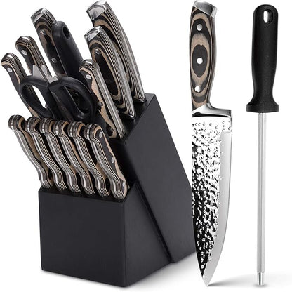 Knife Sets for Kitchen,15-piece Hammered Desgin Knife Set with Block and Sharpener, High Carbon Stainless Steel Chef Knives with Grey Triple Rivet Handle, Ultra Sharp and Dishwash Safe