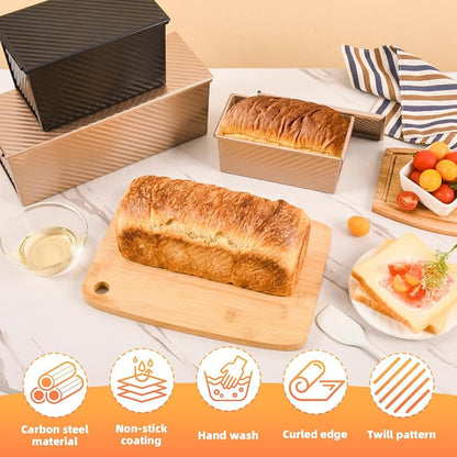 2 PCS Pullman Loaf Pan with Lid, 2.2 lb & 1 lb Dough Capacity, Nonstick Carbon Steel Sandwich Bread Pans with Covers for Homemade Sourdough Baking