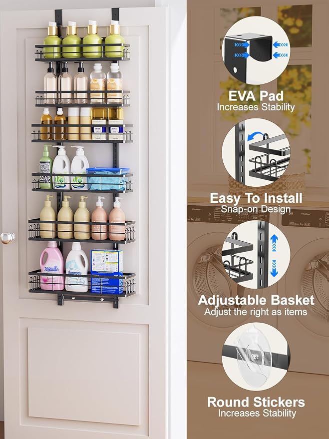 Delamu Over the Door Pantry Organizer, 6 Tier Pantry Door Organizer with Adjustable Basket, Door Spice Rack Seasoning Organizer, Metal Hanging Pantry Organizers and Storage for Kitchen,15.3" Black