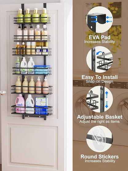 Delamu Over the Door Pantry Organizer, 6 Tier Pantry Door Organizer with Adjustable Basket, Door Spice Rack Seasoning Organizer, Metal Hanging Pantry Organizers and Storage for Kitchen,15.3" Black