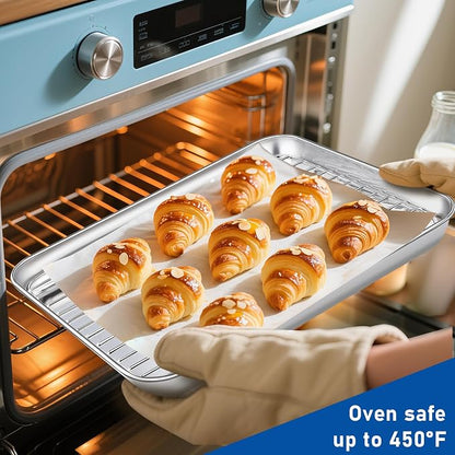 Baking Sheet with Rack Set,10.2 Inch Stainless Steel Baking Pan Tray Cookie Sheet with Cooling Racks,Nonstick Bacon Cookie Trays for Cooking Roasting,Dishwasher Safe,Heavy Duty & Easy Clean