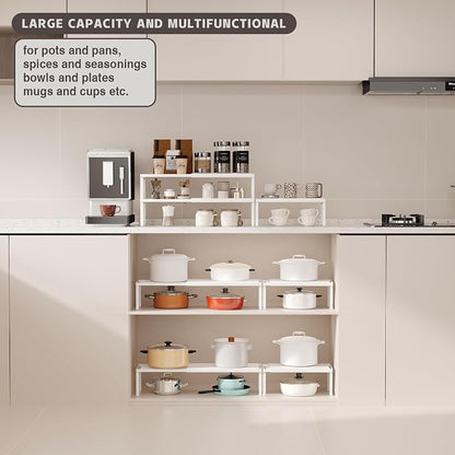 Magheo Expandable Cabinet Shelf Organizer, 2 Pack Stackable Kitchen Counter Shelf Riser, Metal Spice Rack Heavy Duty Countertop Organizer Storage for Kitchen, Pantry, Cupboard, Rv (5.9in Height,White)