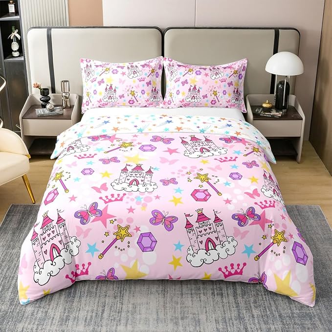 Princess Castle 100% Organic Cotton Comforter Cover Pink Girl Bow Duvet Cover Set Queen Size for Bedroom Watercolor Oil Paint Print Bedding Set with 2 Pillowcases(No Filler)