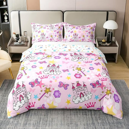 Princess Castle 100% Organic Cotton Comforter Cover Pink Girl Bow Duvet Cover Set Queen Size for Bedroom Watercolor Oil Paint Print Bedding Set with 2 Pillowcases(No Filler)