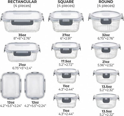Glass Food Storage Containers with Lids, 12 Piece Glass Meal Prep Containers Set, Airtight Leakproof Snap Lock Lids, BPA-Free, Freezer Microwave Oven Dishwasher Safe, Ribbed Glass Containers