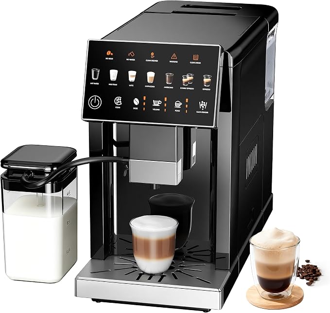Fully Automatic Espresso Machine with Grinder, 20 Bar Coffee Maker with Milk Frother, Touchscreen Espresso Machine for Cappuccino, Latte & Americano, 15 Grind Settings, Self-Cleaning (Black)