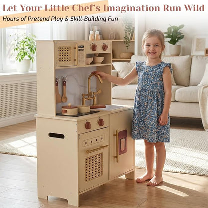 Wooden Kitchen Playsets for Kids, Pretend Play Kitchen with Realistic Clicking Sounds, Gold Faucet, Coffee Maker & Cooking Accessories, Set for Toddlers Boys Girls Age 3+