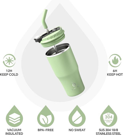 IDEUS Insulated Tumbler with Lid and Straw 18 oz, Stainless Steel Double-Wall Vacuum Leak-Proof Travel Coffee Mug, Cup Holder Friendly, Avocado Green