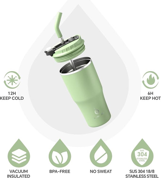 IDEUS Insulated Tumbler with Lid and Straw 18 oz, Stainless Steel Double-Wall Vacuum Leak-Proof Travel Coffee Mug, Cup Holder Friendly, Avocado Green