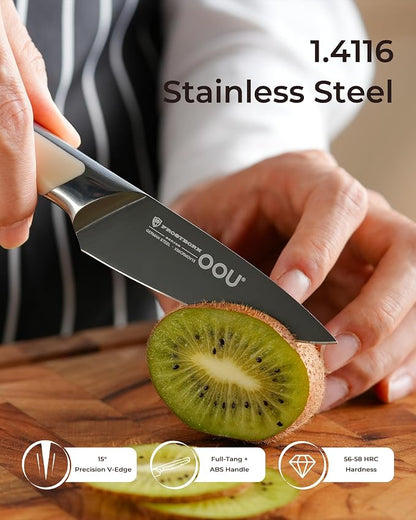 OOU 3.5'' Paring Knife, German 1.4116 Stainless Steel Kitchen Knife, Gunmetal Blade with AgShield & TinSharp Finish, Balanced ABS Handle, Sharp Utility Knife for Peeling, Trimming, Fruits